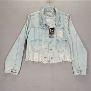 Womens Light Wash Peplum Destructed Hem Detail Jacket Stylish Windbreak size XL